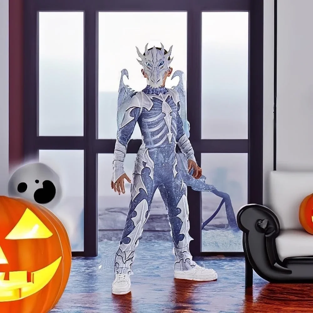 Ghostly Ice Frost Dragon Warrior Blue White Halloween Skeletal Costume Mask L - Picture 5 of 7